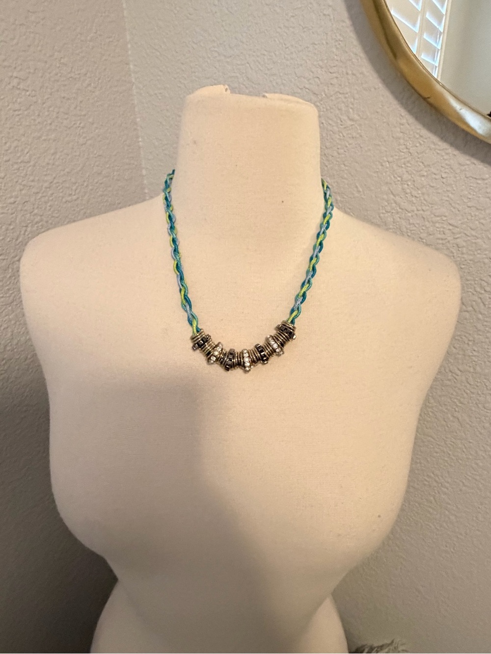Teal and Lime Braided Necklace with Silver Beads